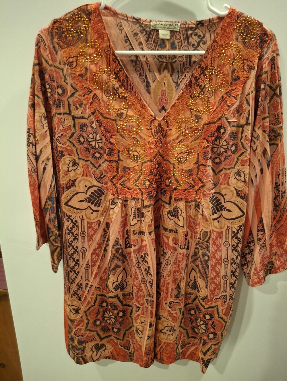 Energie Orange Multi-Pattern V-Neck Embellished Tunic